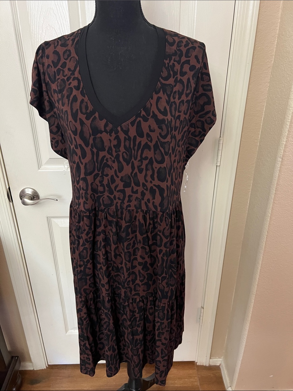 Johnny Was Brown and Black Leopard Print V-Neck Midi Dress